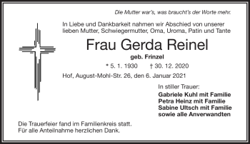 Traueranzeige von Gerda Reinel von Frankenpost