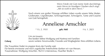 Traueranzeige von Anneliese Amschler von Neue Presse Coburg