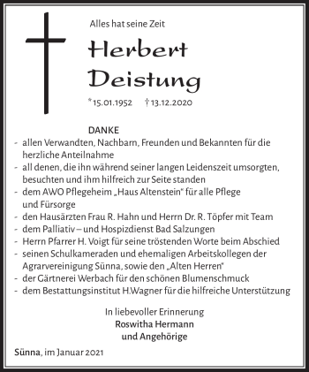 Traueranzeige von Herbert Deistung von Südthüringer Presse