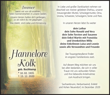 Traueranzeige von Hannelore Kolk von Südthüringer Presse