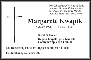 Traueranzeige von Margarete Kwapik von Südthüringer Presse