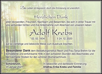Traueranzeige von Adolf Krebs von Südthüringer Presse