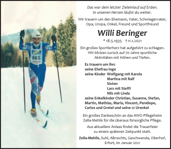 Traueranzeige von Willi Beringer von Südthüringer Presse
