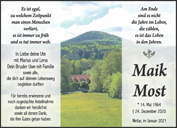 Traueranzeige von Maik Most von Südthüringer Presse