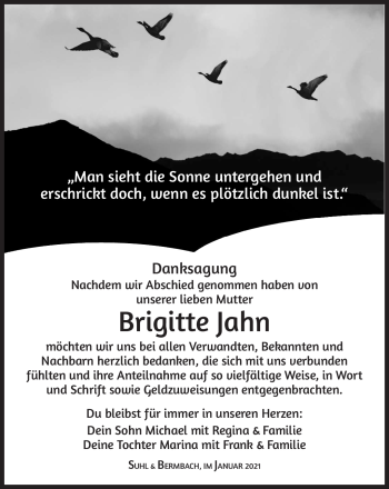 Traueranzeige von Brigitte Jahn von Südthüringer Presse