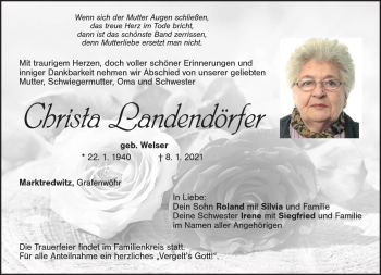 Traueranzeige von Christa Landendörfer von Frankenpost