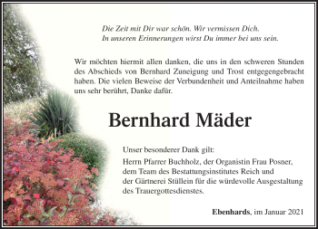 Traueranzeige von Bernhard Mäder von Südthüringer Presse