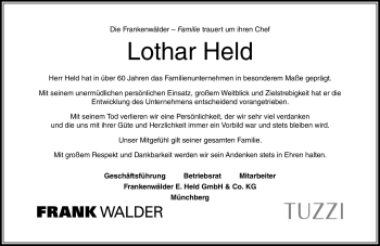 Traueranzeige von Lothar Held von Frankenpost