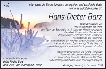 Traueranzeige von Hans-Dieter Barz von Südthüringer Presse