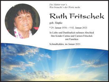Traueranzeige von Ruth Fritschek von Südthüringer Presse