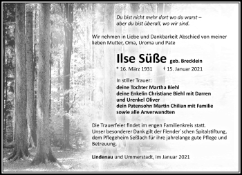 Traueranzeige von Ilse Süße von Südthüringer Presse