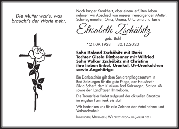 Traueranzeige von Elisabeth Zschäbitz von Südthüringer Presse