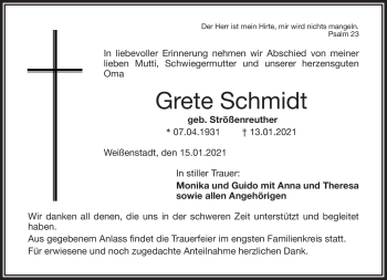 Traueranzeige von Grete Schmidt von Frankenpost