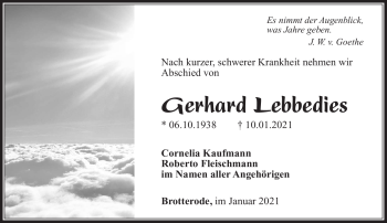 Traueranzeige von Gerhard Lebbedies von Südthüringer Presse