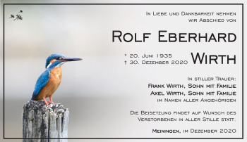 Traueranzeige von rolf Wirth von Südthüringer Presse