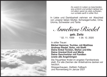 Traueranzeige von Anneliese Riedel von Südthüringer Presse