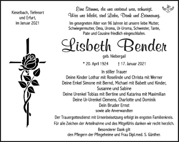 Traueranzeige von Liesbeth Bender von Südthüringer Presse