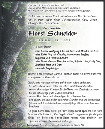 Traueranzeige von Horst Schneider von Südthüringer Presse