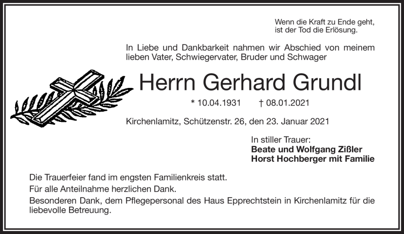  Traueranzeige für Gerhard Grundl vom 23.01.2021 aus Frankenpost