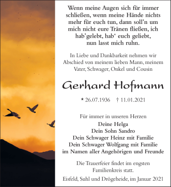 Traueranzeige von Gerhard Hofmann von Südthüringer Presse
