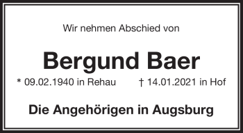 Traueranzeige von Bergund Baer von Frankenpost