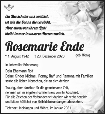 Traueranzeige von Roseamarie Ende von Südthüringer Presse