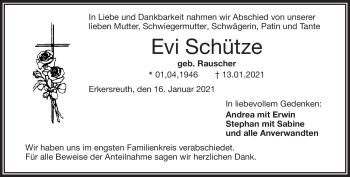 Traueranzeige von Evi Schütze von Frankenpost