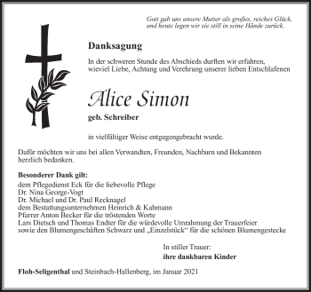 Traueranzeige von Alice Simon von Südthüringer Presse