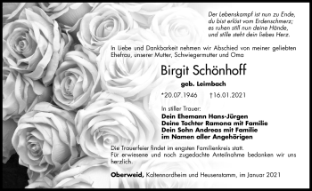 Traueranzeige von Birgit Schönhoff von Südthüringer Presse