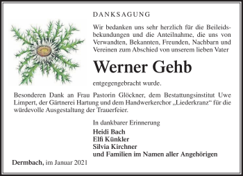 Traueranzeige von Werner Gehb von Südthüringer Presse