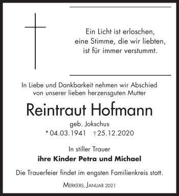 Traueranzeige von Reintraut Hofmann von Südthüringer Presse