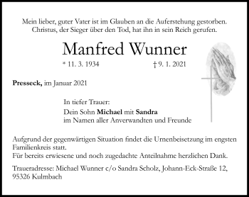 Traueranzeige von Manfred Wunner von Frankenpost