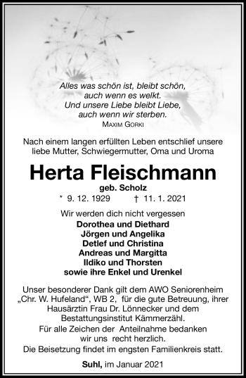 Traueranzeige von Herta Fleischman von Südthüringer Presse