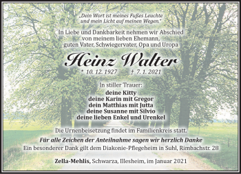 Traueranzeige von Heinz Walter von Südthüringer Presse