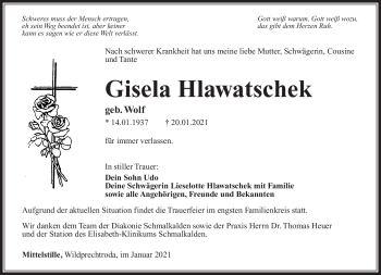 Traueranzeige von Gisela Hlawatschek von Südthüringer Presse