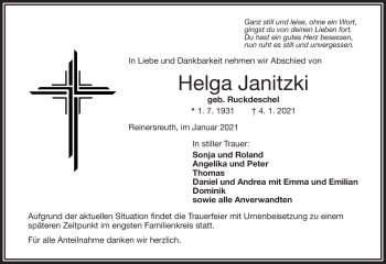 Traueranzeige von Helga Janitzki von Frankenpost