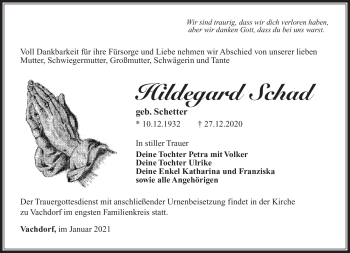 Traueranzeige von Hildegard Schad von Südthüringer Presse