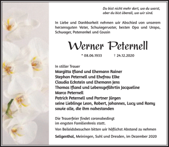 Traueranzeige von Werner Peternell von Südthüringer Presse