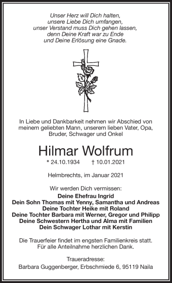 Traueranzeige von Hilmar Wolfrum von Frankenpost