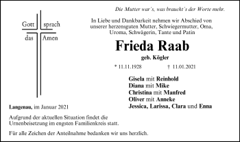 Traueranzeige von Frieda Raab von Neue Presse Coburg