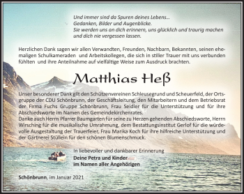 Traueranzeige von Matthias Heß von Südthüringer Presse