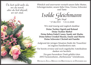 Traueranzeige von Isolde Gleichmann von Südthüringer Presse