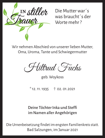Traueranzeige von Hildtrud Fuchs von Südthüringer Presse
