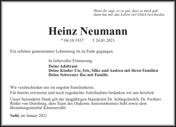 Traueranzeige von Heinz Neumann von Südthüringer Presse
