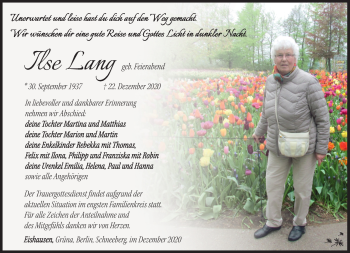 Traueranzeige von Ilse Lang von Südthüringer Presse