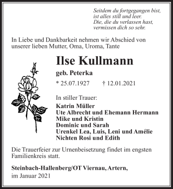 Traueranzeige von Ilse Kullmann von Südthüringer Presse