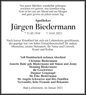 Traueranzeige von Jürgen Biedermann von Südthüringer Presse