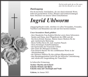 Traueranzeige von Ingrid Uhlworm von Südthüringer Presse