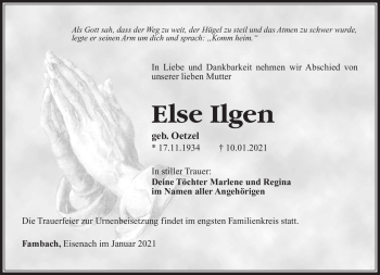 Traueranzeige von Else Ilgen von Südthüringer Presse