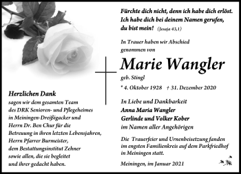 Traueranzeige von Marie Wangler von Südthüringer Presse